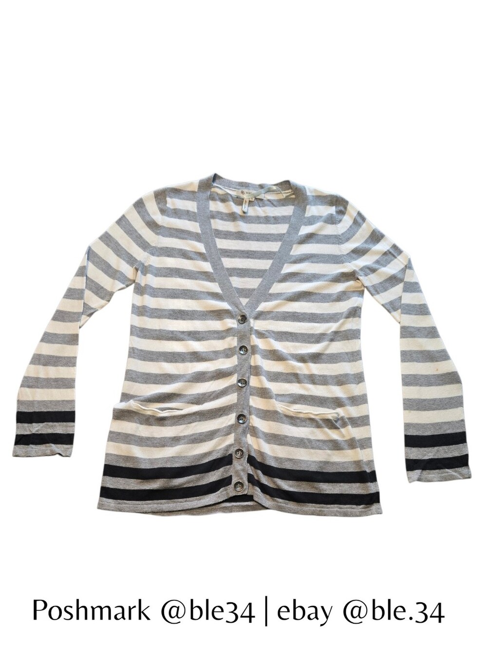 BCBGeneration Women's V-Neck Cardigan Sweater Button-Down Grey & White Striped